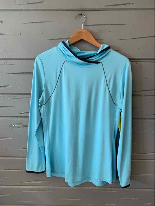 Light blue long-sleeve hoodie with raglan sleeves and a slim fit on a wooden hanger.