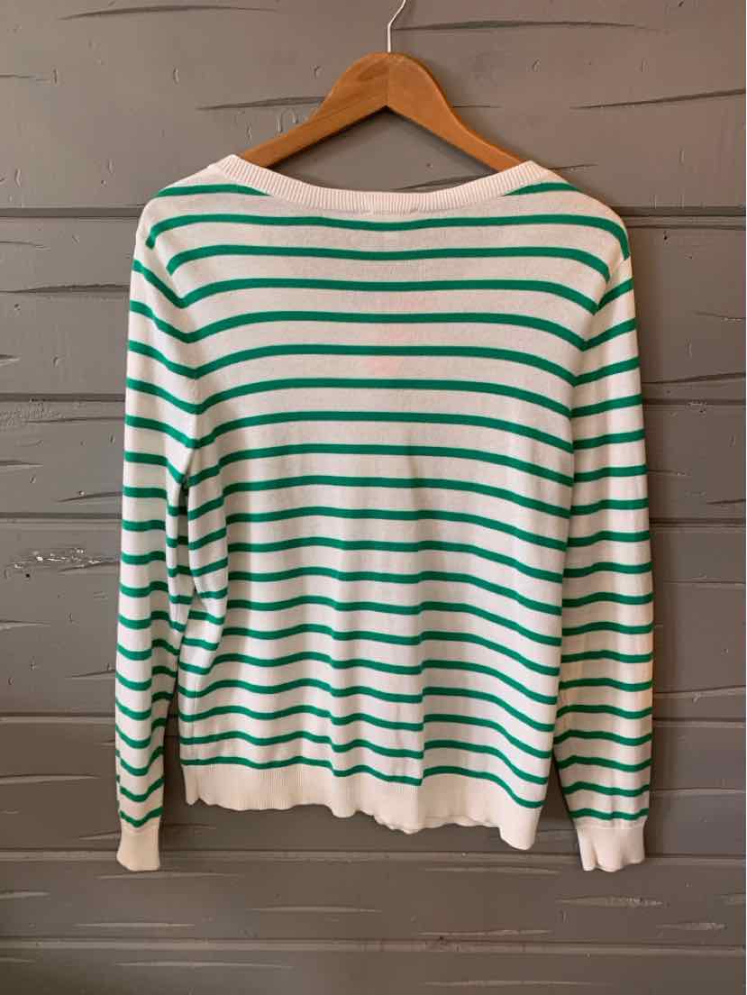 White long-sleeve sweater with green horizontal stripes, crew neck, lightweight knit.