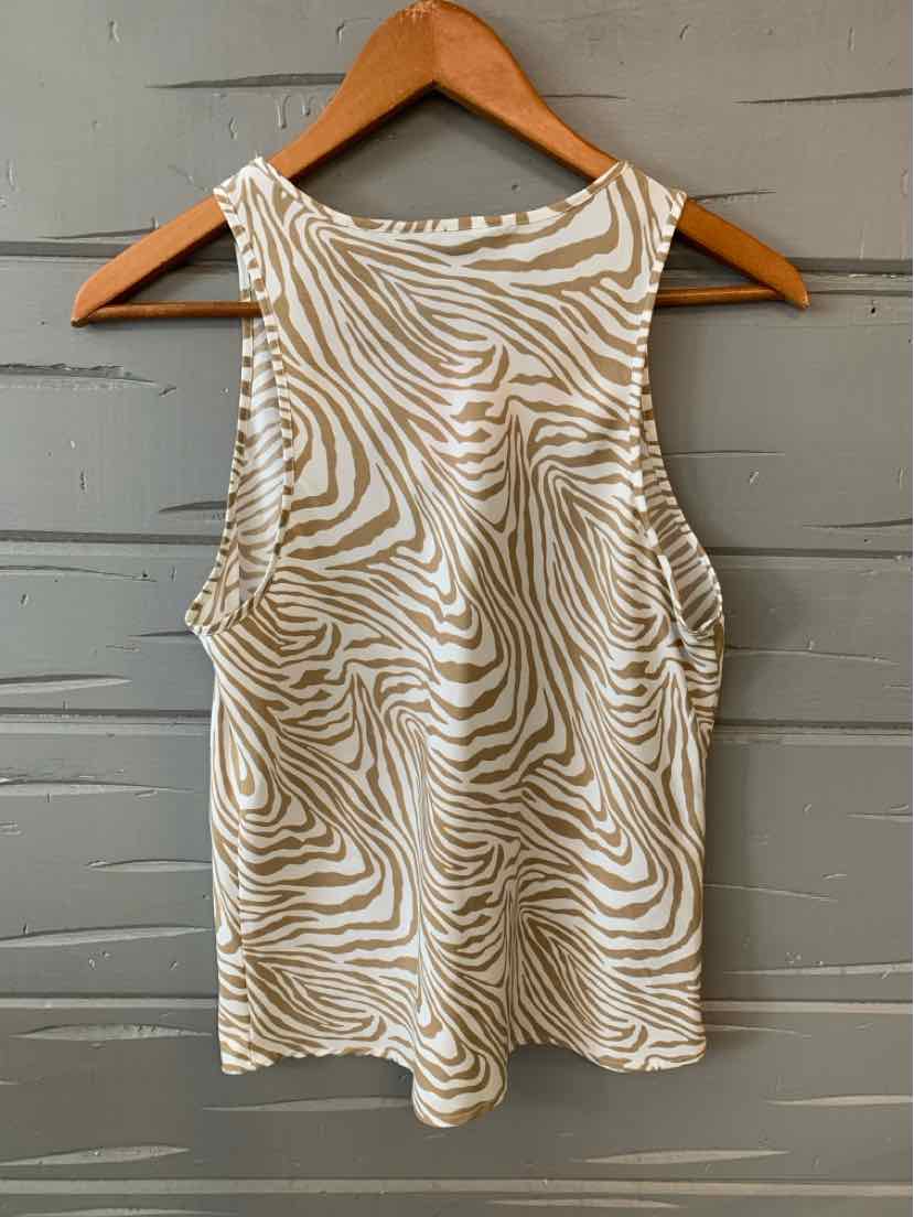 Tan and white striped sleeveless top with scoop neckline, size small, hanging on wooden hanger.