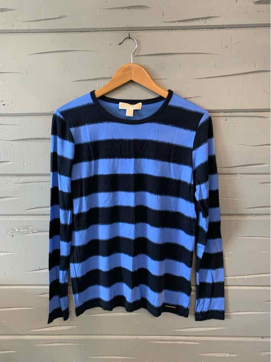 Blue and black wide horizontal striped long-sleeve shirt with crew neck, large size.