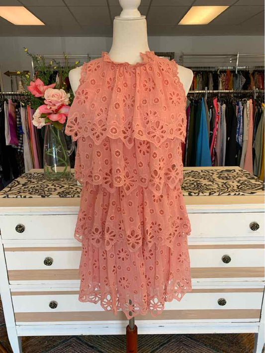 Pink sleeveless eyelet dress with tiered ruffles and scalloped edges on a mannequin.