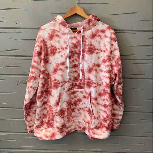 Pink and white tie-dye pullover hoodie with a front pocket, drawstring hood, and long sleeves.