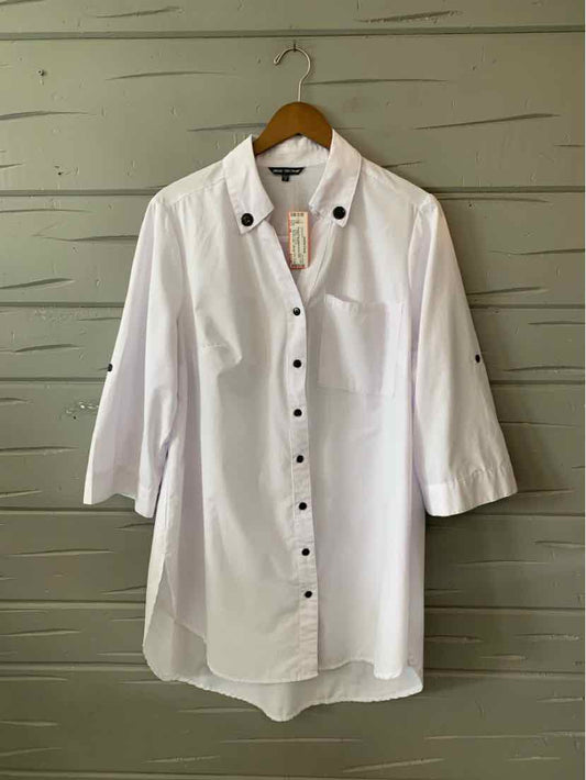 White button-up shirt dress with 3/4 sleeves, black buttons, and a stand collar.