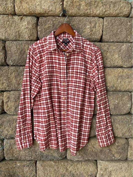 Red and white plaid long-sleeve button-up shirt, classic collar, lightweight fabric.