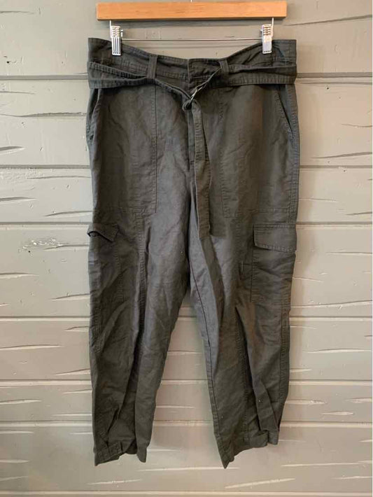 Gray mid-rise pants with adjustable fabric belt and tapered legs, size medium.