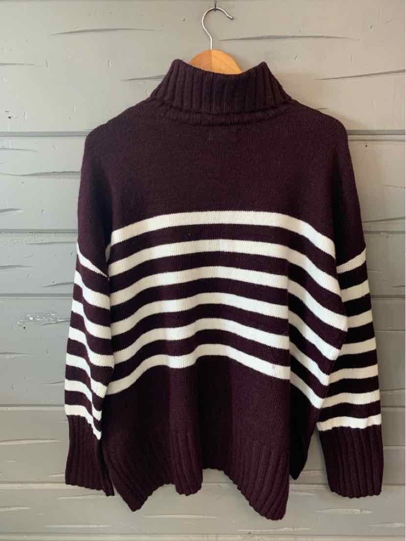 Dark burgundy turtleneck sweater with white horizontal stripes and ribbed cuffs in XXL size.