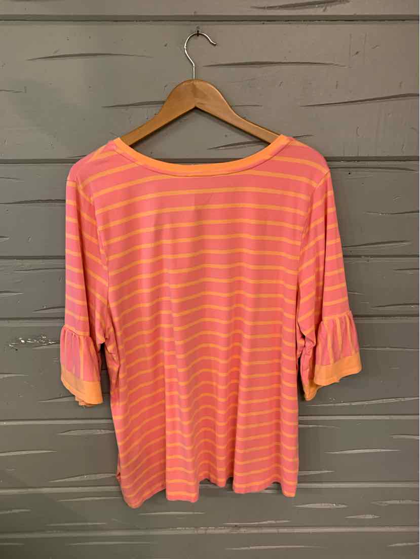 Coral and light pink striped knit top with three-quarter sleeves and round neckline, size 2X.