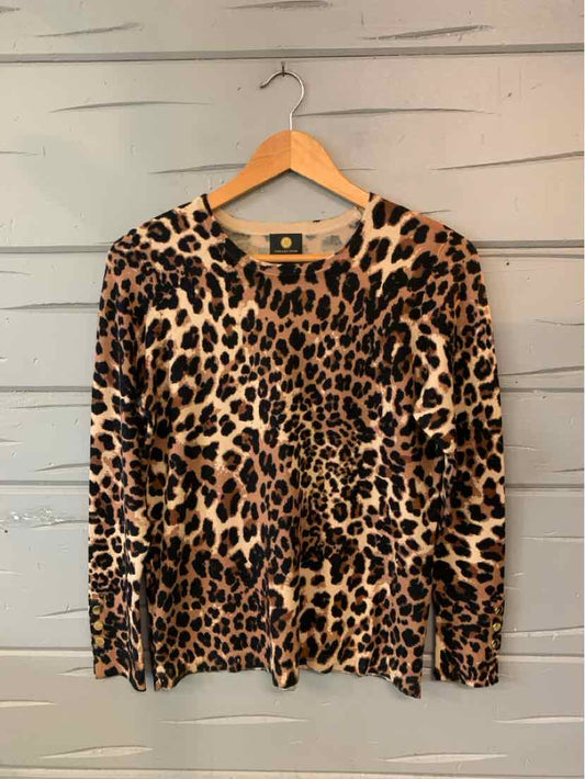 Tan and black cheetah-print sweater with a crew neck and long sleeves.