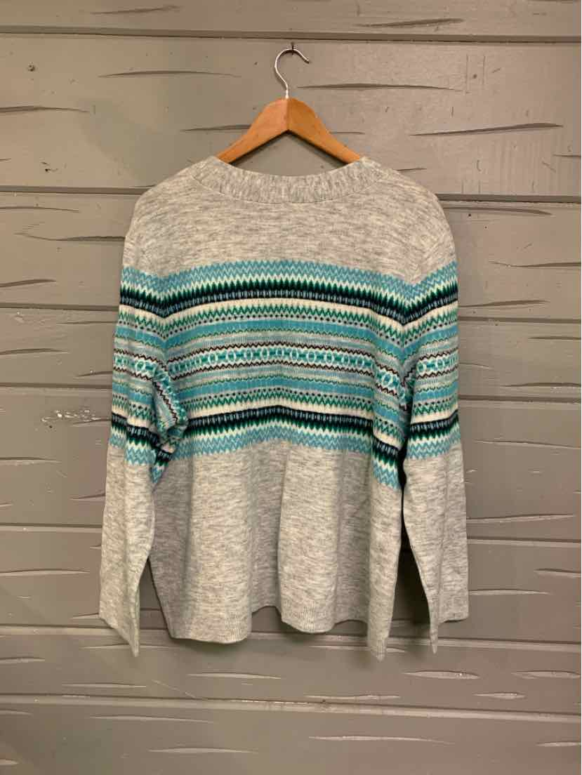 Gray sweater with teal, black, and white Fair Isle pattern across chest and sleeves, size 2X.