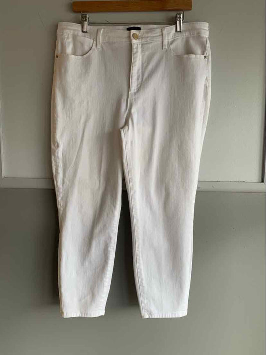 White straight-leg jeans with front pockets and belt loops, size 14.