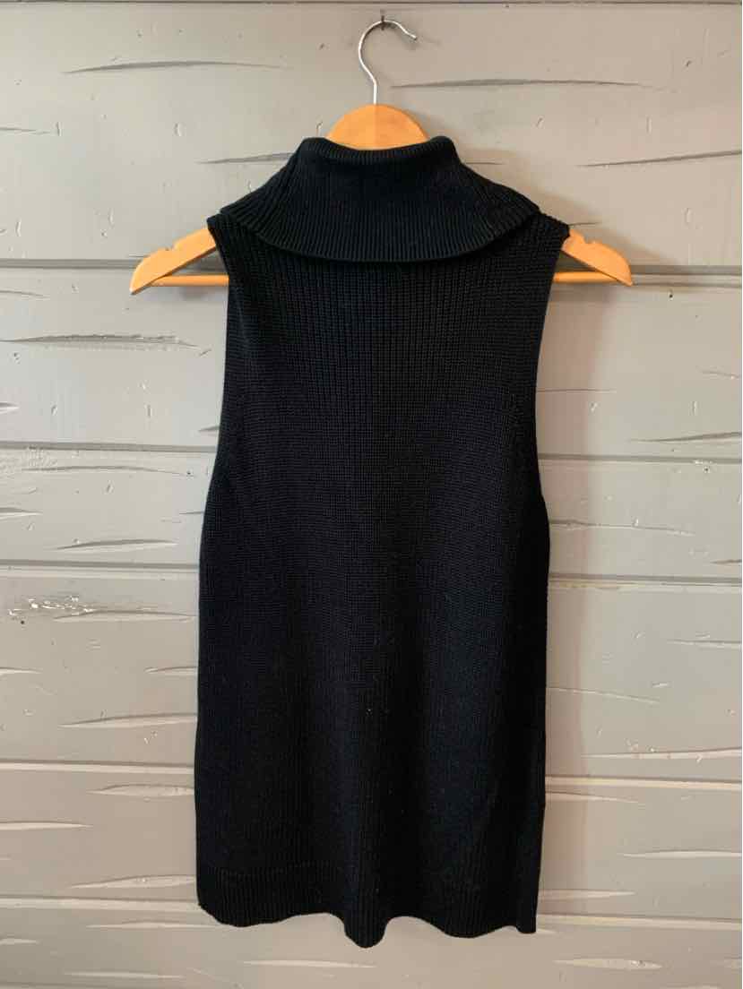 Black sleeveless knit turtleneck top with a fitted silhouette, small size.