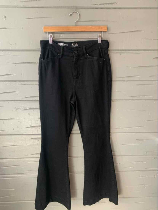 Black denim high-waist pants with flared legs and button closure, size 10.
