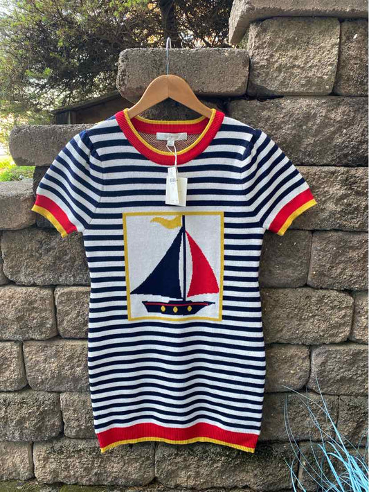 Navy and white striped short-sleeve dress with red trim and sailboat graphic on front.