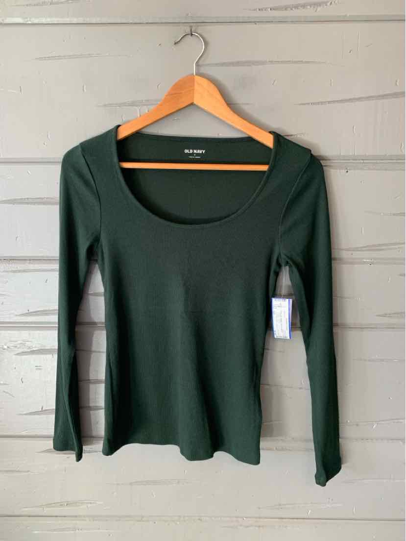 Dark green Old Navy long-sleeve top with a scoop neckline and softly flared hem.