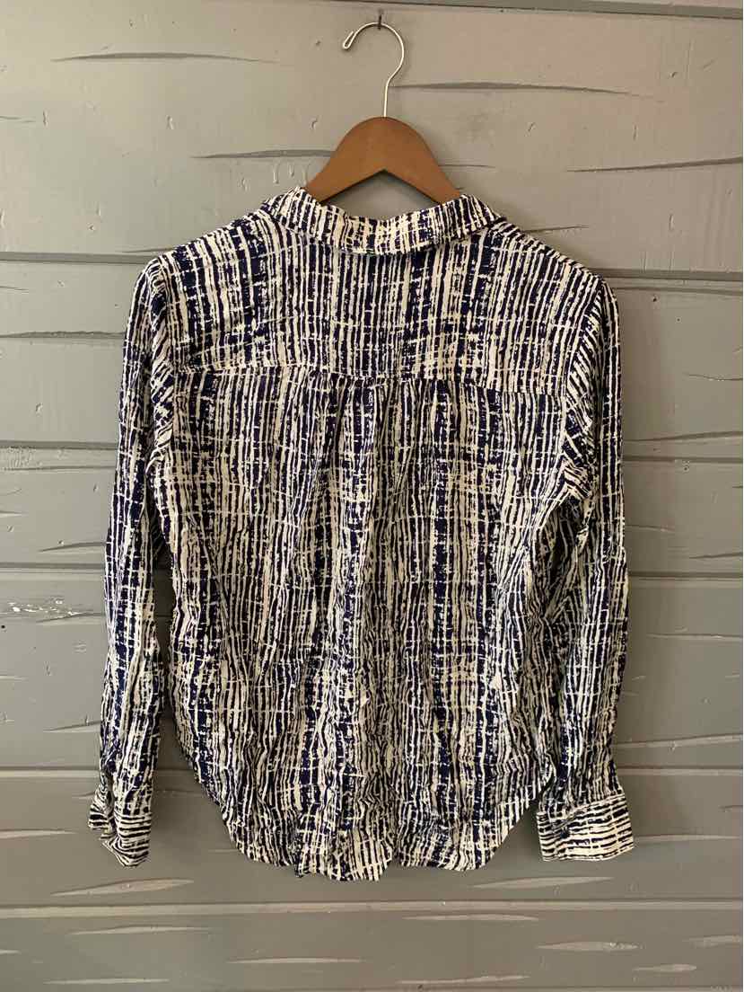 Long-sleeve button-up shirt with navy and white abstract textured pattern, cotton fabric.