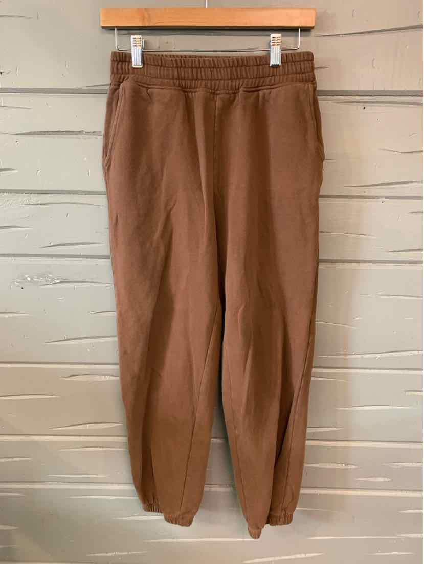 Brown solid jogger pants with elastic waistband and gathered cuffs hanging on wooden hanger.