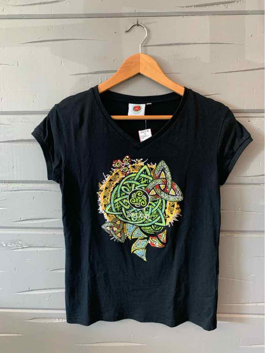 Black women's short-sleeve T-shirt with colorful geometric and floral graphic on front, medium size.