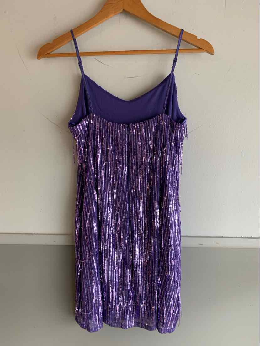Purple sleeveless mini dress with thin straps and vertical sequin embellishments.