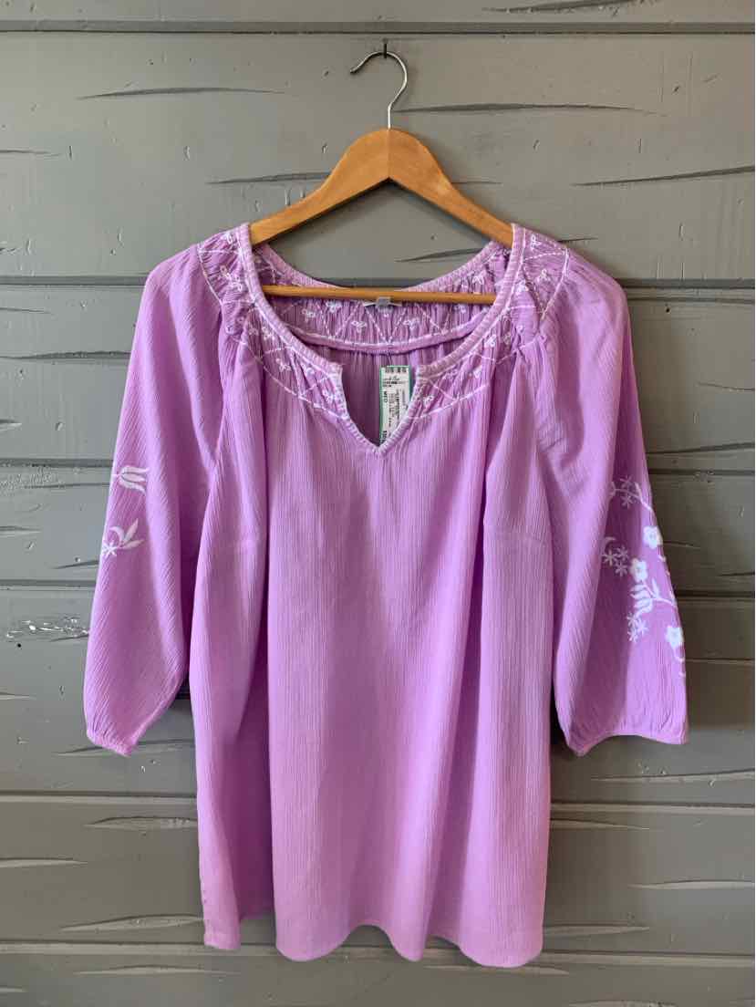 Lavender blouse with embroidered neckline and 3/4 sleeves, medium size, Talbots brand.