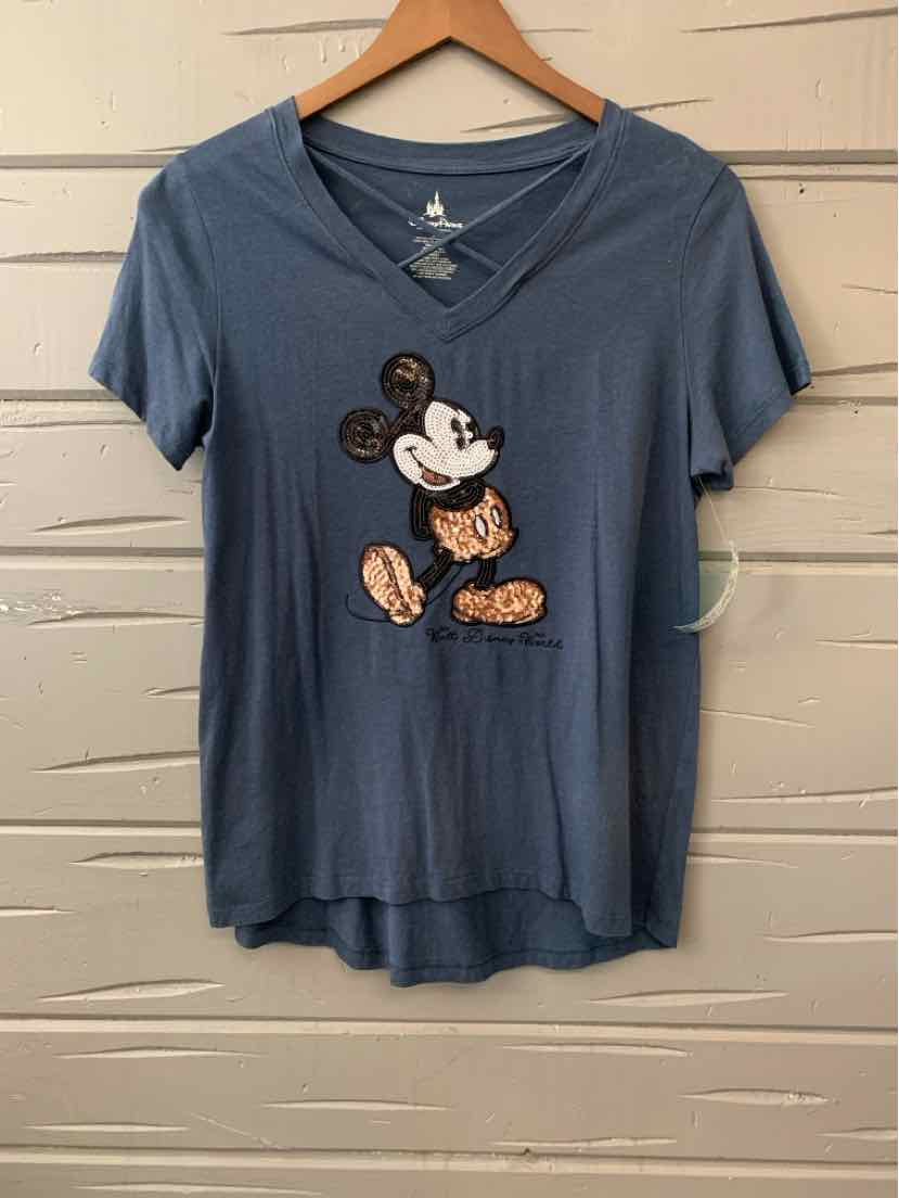 Blue V-neck t-shirt with vintage Mickey Mouse graphic on front, short sleeves, soft fabric.