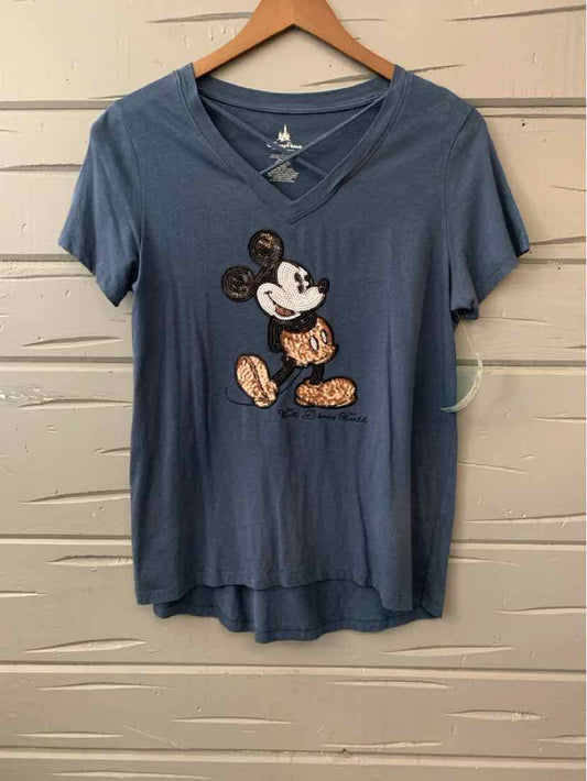 Blue V-neck t-shirt with vintage Mickey Mouse graphic on front, short sleeves, soft fabric.