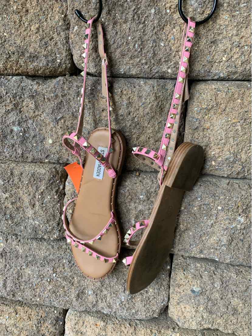 Pink studded leather strappy sandal with ankle wrap and wooden block heel, size 8.5.