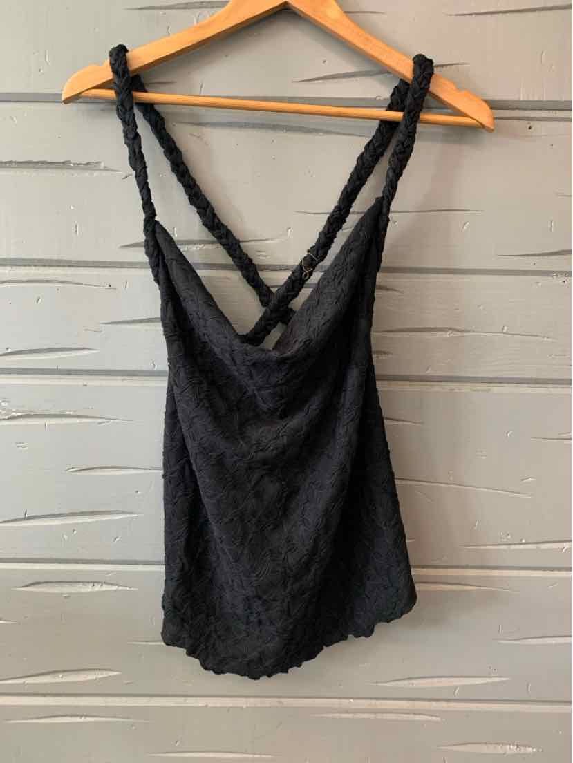 Black lace camisole with twisted shoulder straps and a scalloped hem, size small.