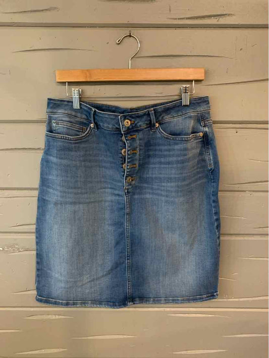 Blue denim button-front skirt with front pockets and faded wash, size 10.