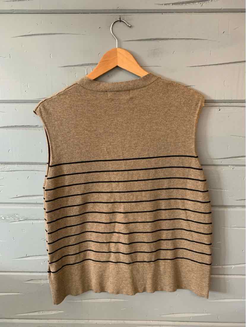 Tan sleeveless knit sweater with black horizontal stripes and ribbed hem, medium size.