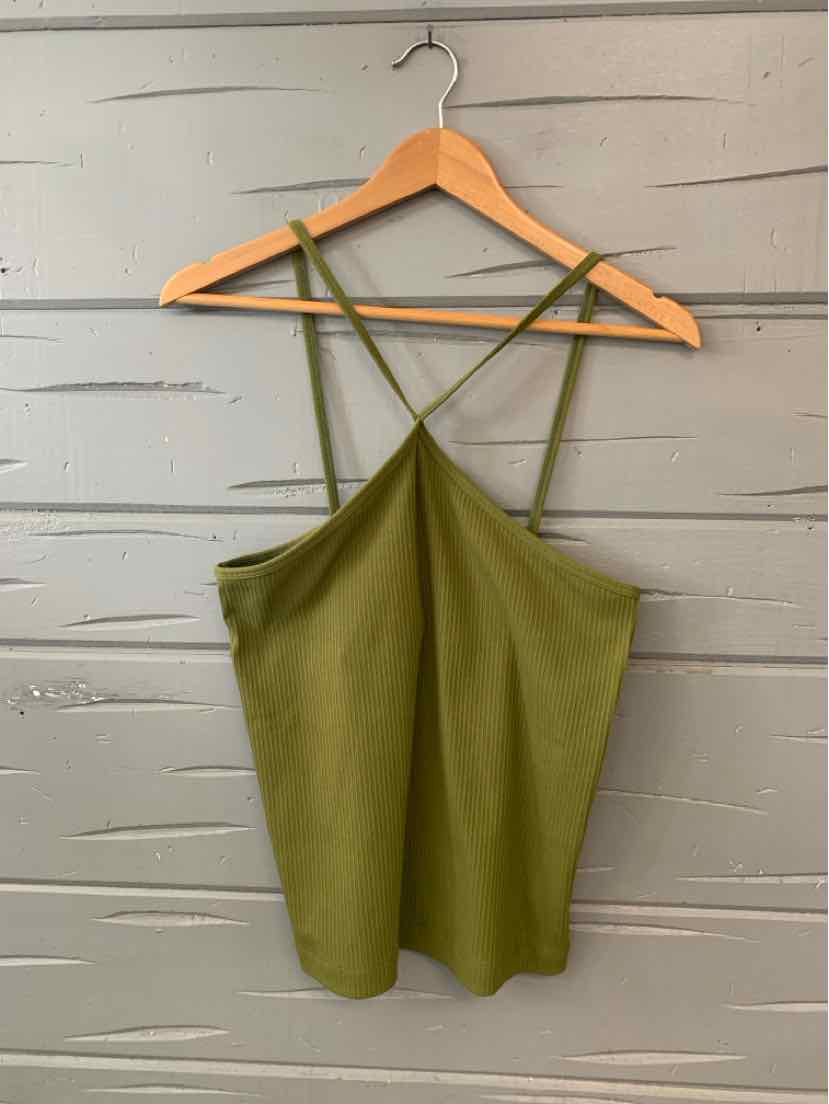 Olive green sleeveless top with thin crisscross straps on wooden hanger.