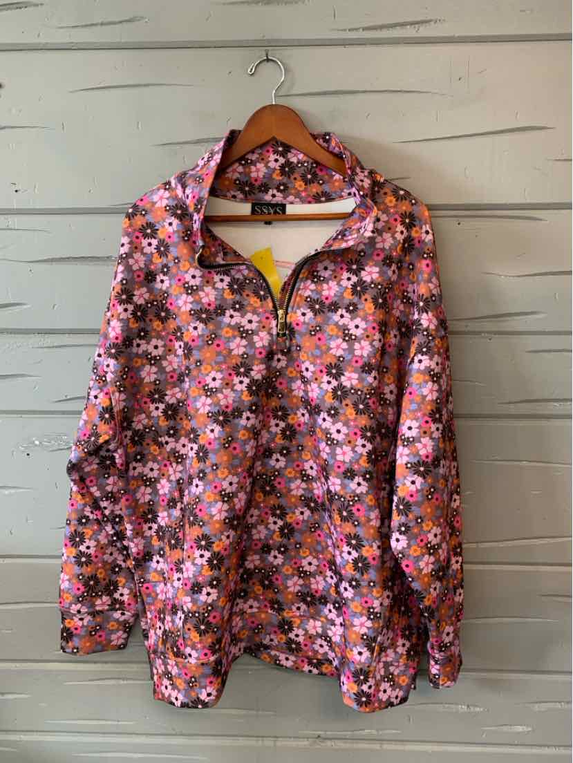 Lightweight long-sleeve jacket with vibrant multi-colored floral print and zip front closure.