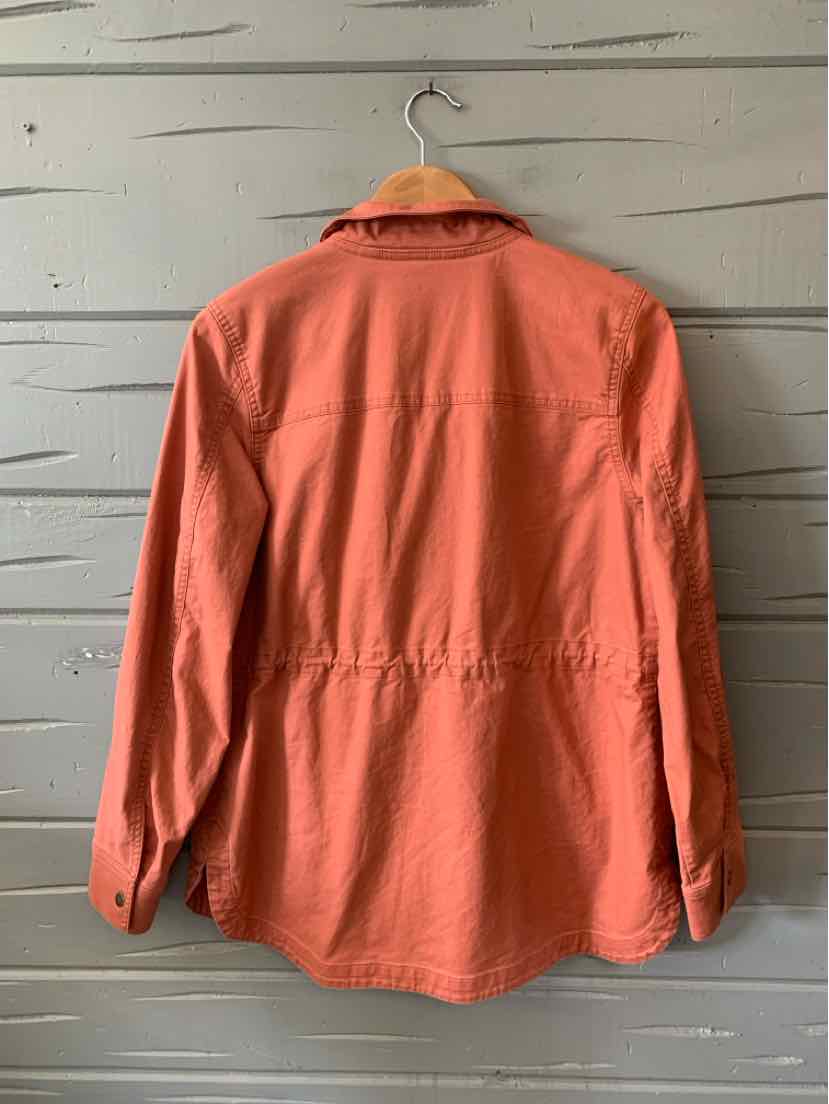 Coral long-sleeve button-up shirt with a collar and adjustable waist cinch, made from lightweight fabric.