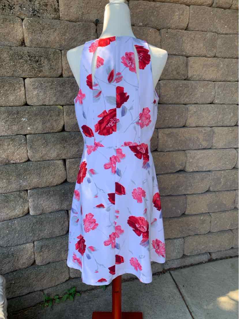 White sleeveless dress with red and pink floral print, halter neckline, and knee-length hem.