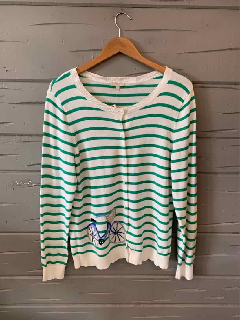 White long-sleeve sweater with green horizontal stripes and front button detail, large size.