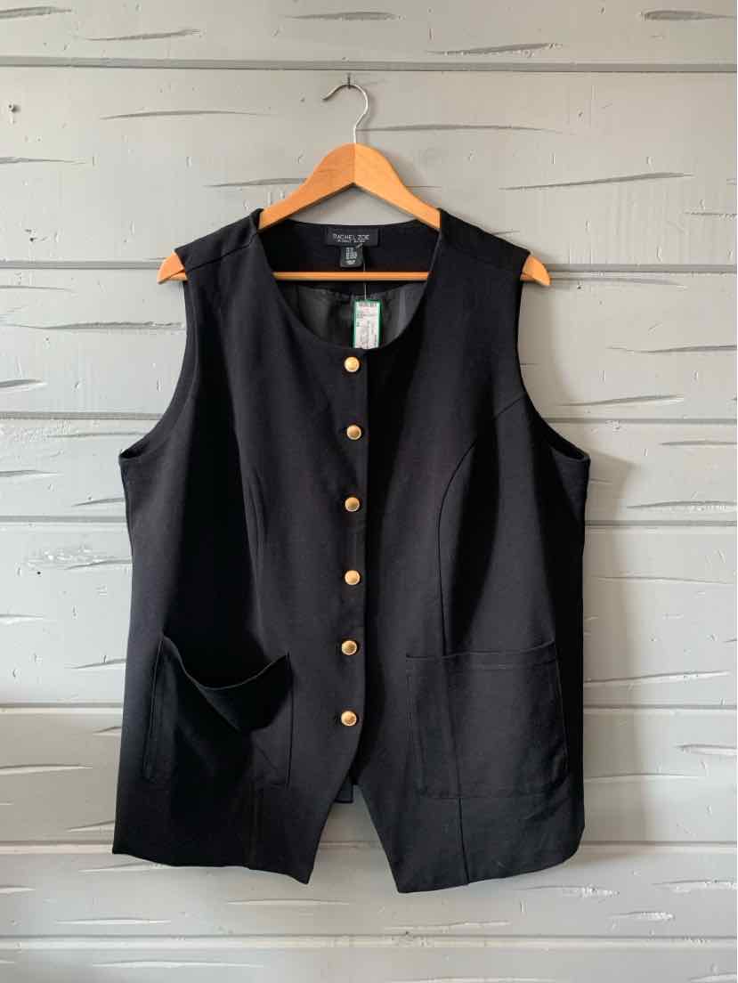 Black sleeveless vest with front pockets and gold button-down closure, size 1X.