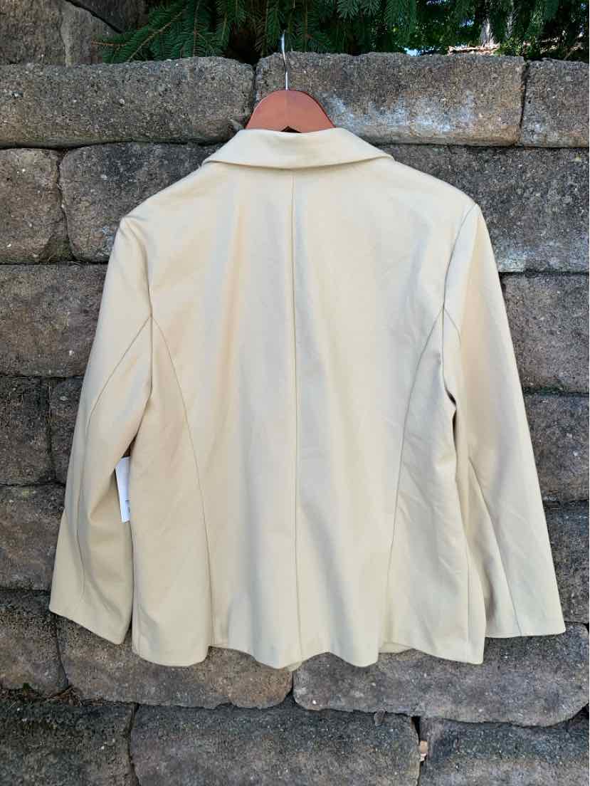 Women's tan blazer in large size with long sleeves, classic collar, and solid color design.