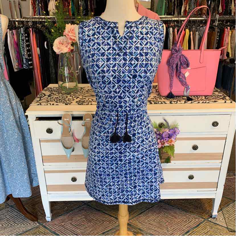 Sleeveless blue and white geometric print dress with cinched waist and tassel tie detail.