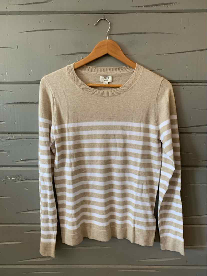 Beige and white horizontal striped long-sleeve sweater with crew neckline, soft knit fabric.