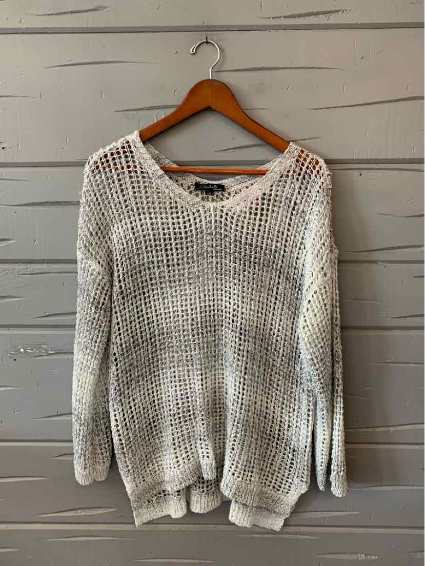 Light gray open-knit long-sleeve sweater with scoop neckline and relaxed fit.