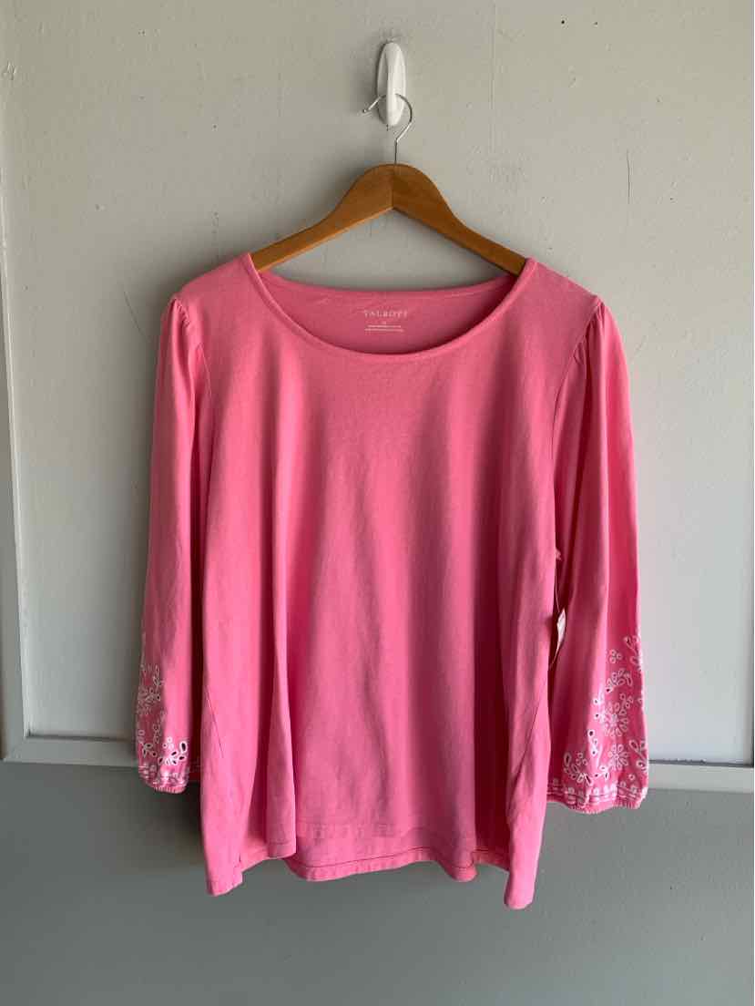 Pink long-sleeve blouse with scoop neck and floral embroidery on sleeves, size XL.