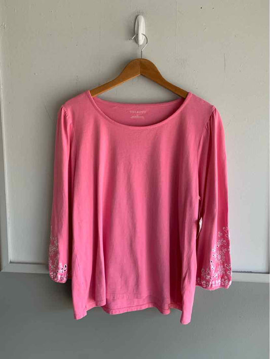 Pink long-sleeve blouse with scoop neck and floral embroidery on sleeves, size XL.