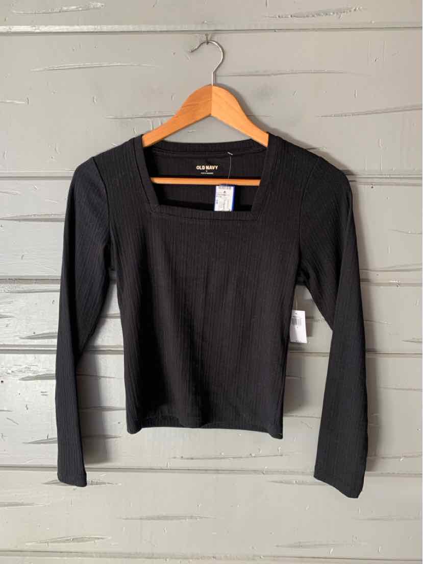 Black Old Navy women’s long-sleeve top with a square neckline, displayed on a hanger.