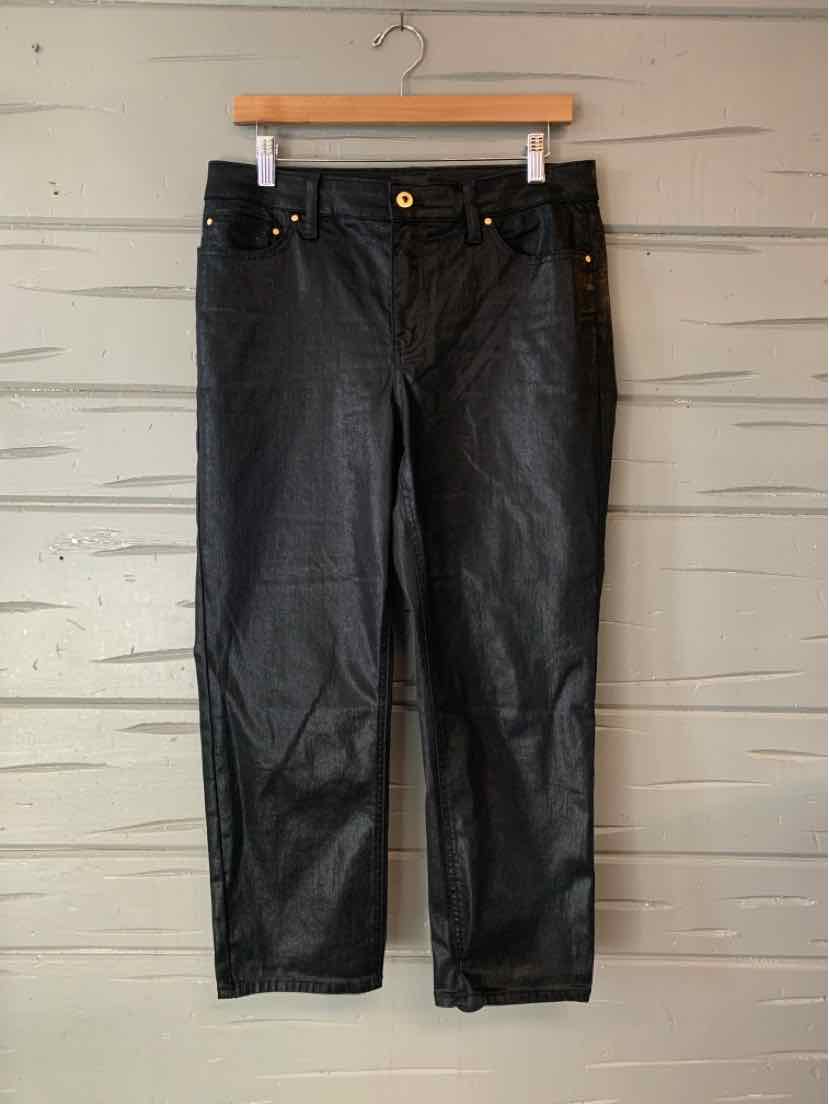 Black metallic straight-leg pants with gold button and front pockets, size 10P.