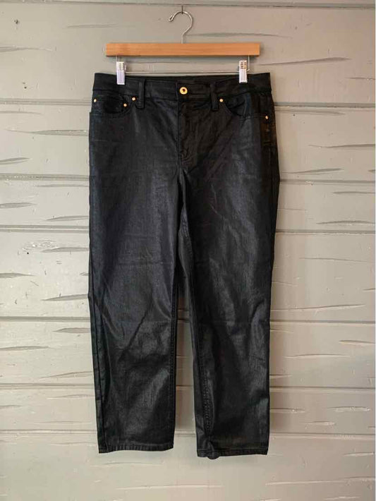 Black metallic straight-leg pants with gold button and front pockets, size 10P.