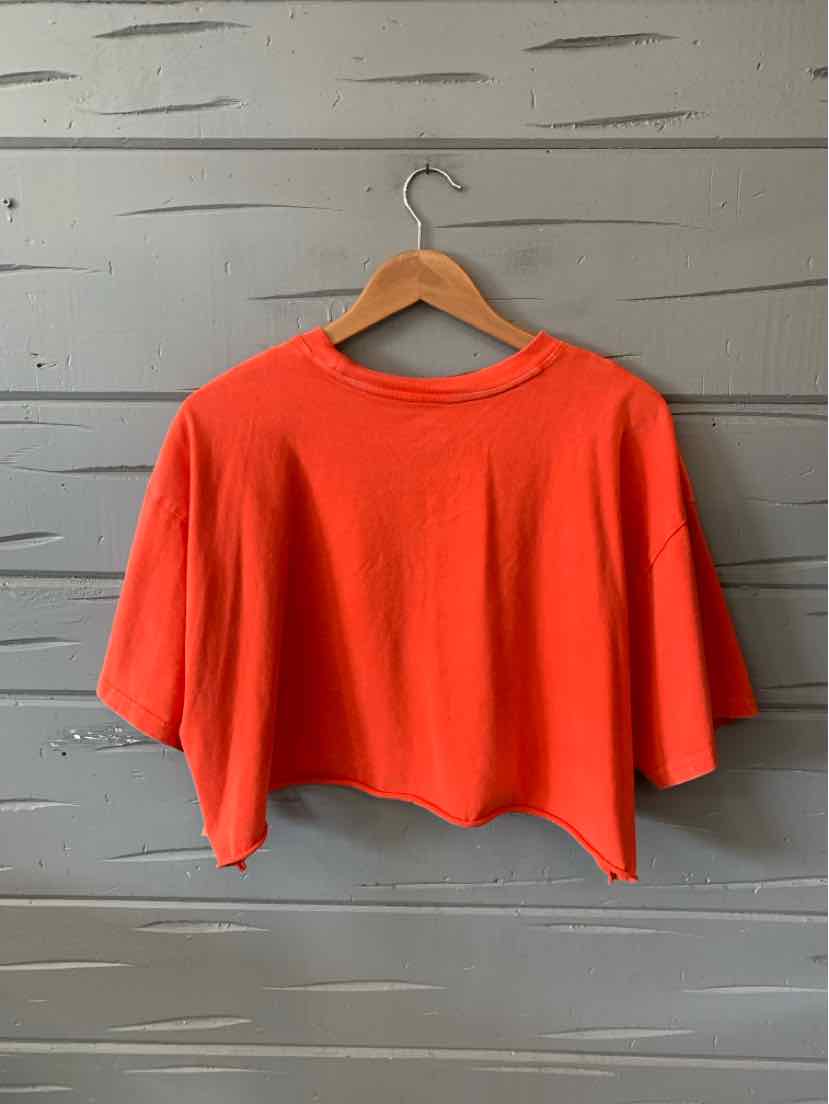 Bright red cropped T-shirt with wide sleeves hanging on wooden hanger against gray wooden wall.