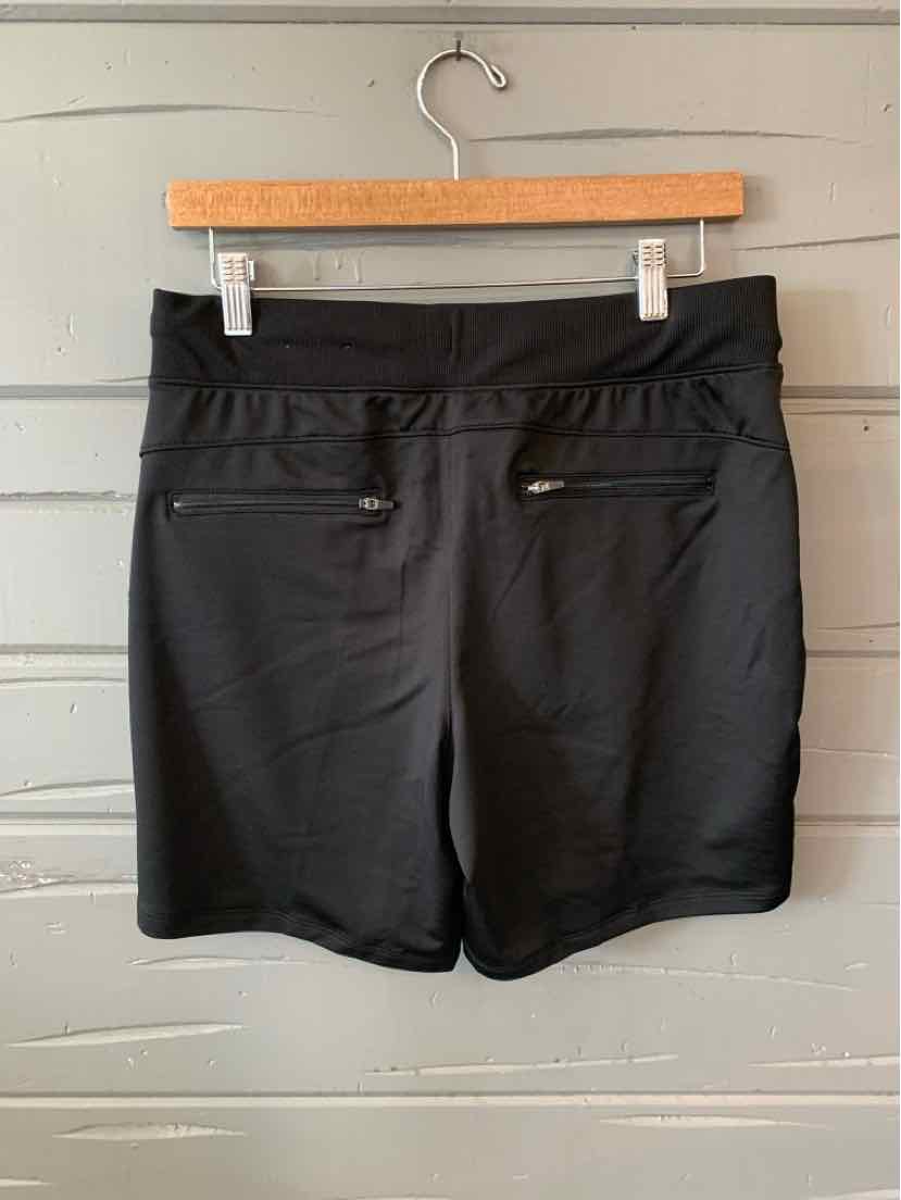 Black mid-length athletic shorts with two zippered back pockets and a smooth waistband.
