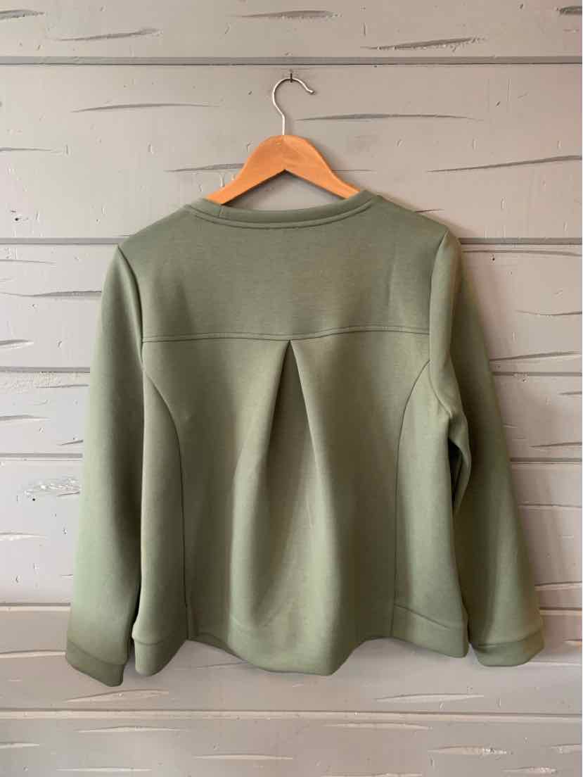 Olive green long-sleeve knit top with crew neckline and back pleat detail, size large petite.