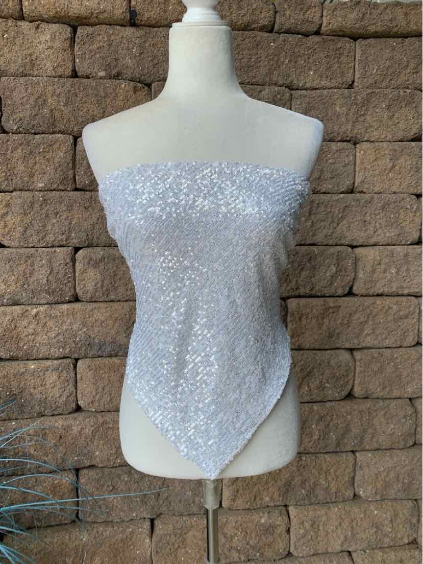 Silver sequin strapless top with pointed hem, fitted silhouette, medium size.