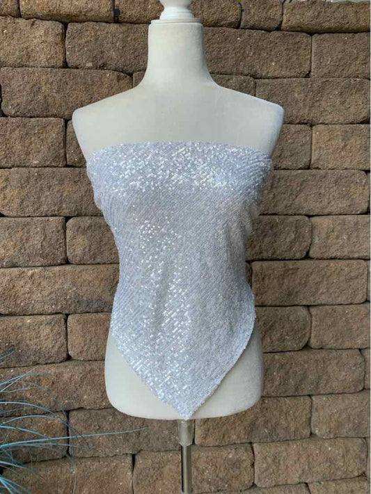 Silver sequin strapless top with pointed hem, fitted silhouette, medium size.