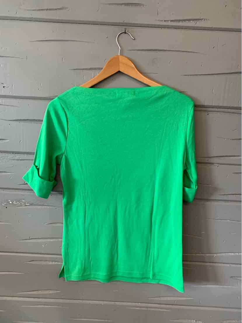 Bright green medium women's top with elbow-length sleeves on wooden hanger.
